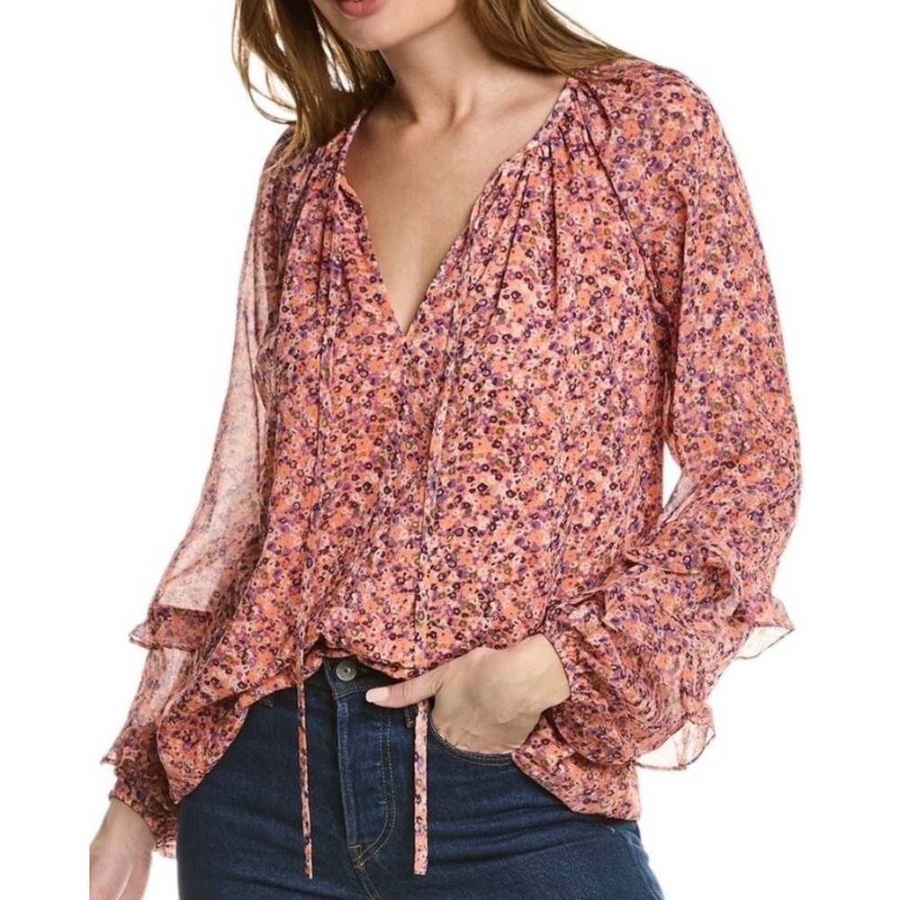 Ramy Brook Floral Chiffon Ruffle Sleeve V-Neck Tie Blouse Orange Purple XS